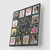 12 Familie Foto Collage Pallet Wood Black Gold Vierkante Klok (Hoek)