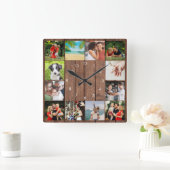 12 Familie Foto Collage Rustic Wood Vierkante Klok (Huis)