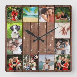 12 Familie Foto Collage Rustic Wood Vierkante Klok