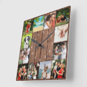 12 Familie Foto Collage Rustic Wood Vierkante Klok (Hoek)