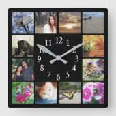 12 Familie Multi Photo Collage Square Zwart Modern Vierkante Klok (Voorkant)
