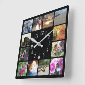 12 Familie Multi Photo Collage Square Zwart Modern Vierkante Klok (Hoek)