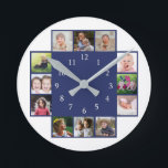 12 Family Photo Collage Create Your Own Blue Ronde Klok<br><div class="desc">Create your own photo collage wall clock with 12 of your favorite pictures. The photo frame clock helps you treasure your special moments and also makes a thoughtful gift for parents, grandparents and friends. The personalized family clock makes an unique gift for all occasions.</div>