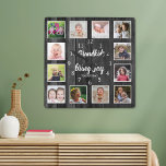 12 Foto Collage Black Wood Grandchildren Quote Vierkante Klok<br><div class="desc">Een prachtige collage van zwarte houtfoto's met een mooie uitspraak "Grandchildren Haal joy to day".Personaliseer met 12 familiefoto's om het een gedenkwaardig cadeau voor grootouders te maken.</div>