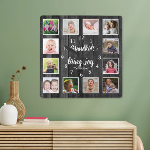 12 Foto Collage Black Wood Grandchildren Quote Vierkante Klok