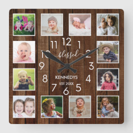 12 Foto Collage Blessed Family Name Pallet Wood Vierkante Klok