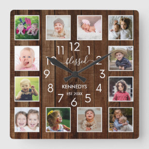 12 Foto Collage Blessed Family Name Pallet Wood Vierkante Klok