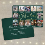 12 Foto Collage & Captions Green What a Year! Folie Feestdagenkaart<br><div class="desc">Wat een jaar om te herinneren! Verstuur stijlvolle, vrolijke groeten en deel 12 van je favoriete afbeeldingen met een speciale 5x7 fotocollage groene en gouden folie vakantiekaart. De tekst op deze sjabloon is eenvoudig te personaliseren om het even welke tekst zoals Zure Kerstmis, Prettige feestdagen, Zegengroeten, de Kaas van het...</div>