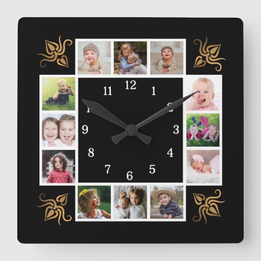 12 Foto Collage Creëer Uw Eigen Goud Zwart Vierkante Klok (Voorkant)