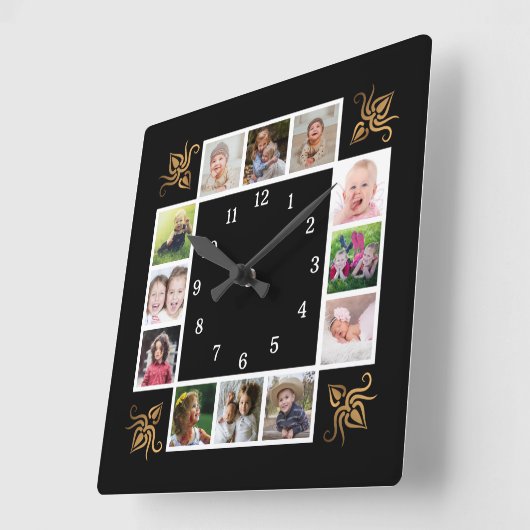 12 Foto Collage Creëer Uw Eigen Goud Zwart Vierkante Klok (Hoek)
