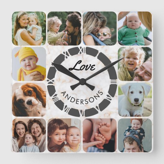 12 Foto Collage Custom Family Love Square Wall Cl Vierkante Klok (Voorkant)