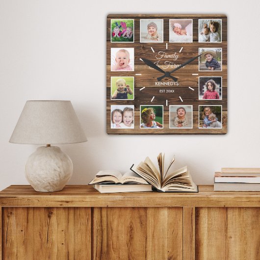 12 foto collage familie is voor altijd rustiek hou vierkante klok