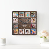 12 Foto Collage Familie Quote Donkerbruin Hout Vierkante Klok (Huis)