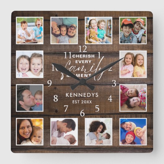12 Foto Collage Familie Quote Donkerbruin Hout Vierkante Klok (Voorkant)