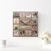 12 Foto Collage Familie Tijd Quote Rustiek Hout Vierkante Klok (Huis)