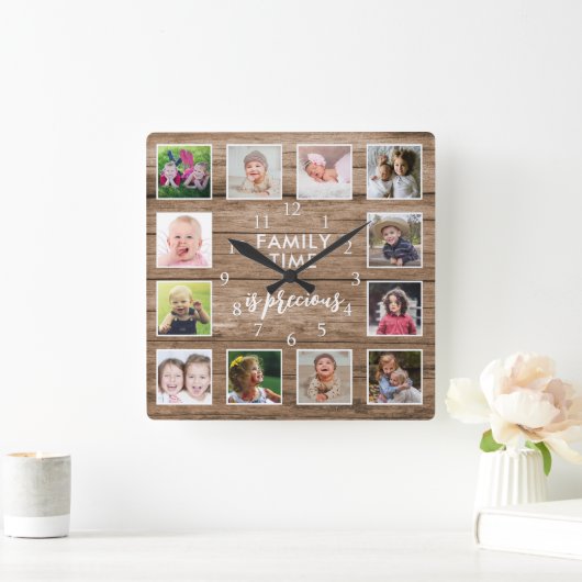 12 Foto Collage Familie Tijd Quote Rustiek Hout Vierkante Klok (Huis)