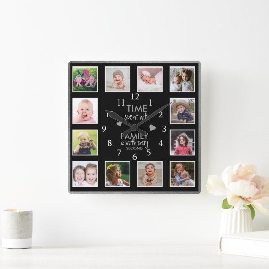 12 Foto Collage Familie Tijd Quote Zwart Zilver Vierkante Klok (Huis)