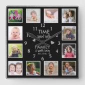 12 Foto Collage Familie Tijd Quote Zwart Zilver Vierkante Klok (Voorkant)