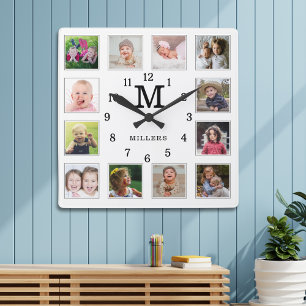 12 Foto Collage Familienaam Monogram Zwarte Witte Vierkante Klok