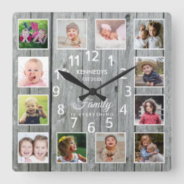 12 Foto Collage Familienaam Quote Gray Wood Vierkante Klok