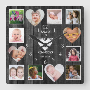 12 Foto Collage Family Quote Heart Black Wood  Vierkante Klok