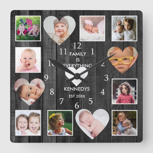 12 Foto Collage Family Quote Heart Black Wood Vierkante Klok (Voorkant)