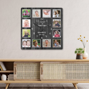 12 Foto Collage Family Quote Pallet Wood Black Vierkante Klok