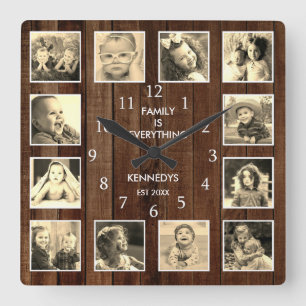 12 Foto Collage Family Quote Pallet Wood Vintage Vierkante Klok