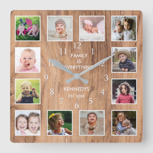 12 Foto Collage Family Quote Weathered Wood Vierkante Klok (Voorkant)