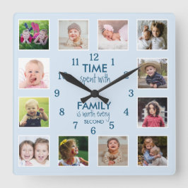 12 Foto Collage Family Time Quote Pastel Blue Vierkante Klok