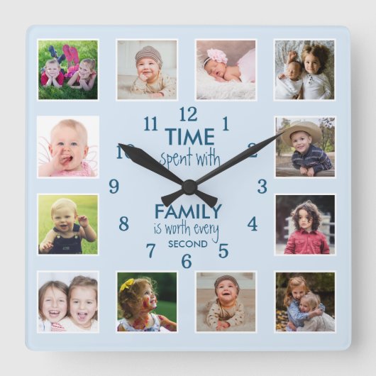 12 Foto Collage Family Time Quote Pastel Blue Vierkante Klok (Voorkant)