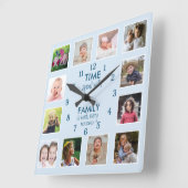 12 Foto Collage Family Time Quote Pastel Blue Vierkante Klok (Hoek)