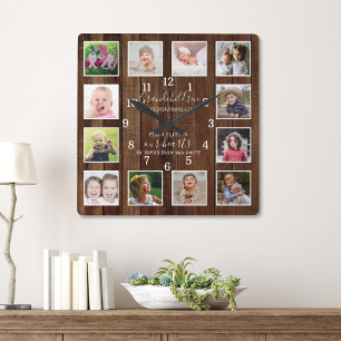 12 Foto Collage Grandchildren Citaat Pallet Wood Vierkante Klok