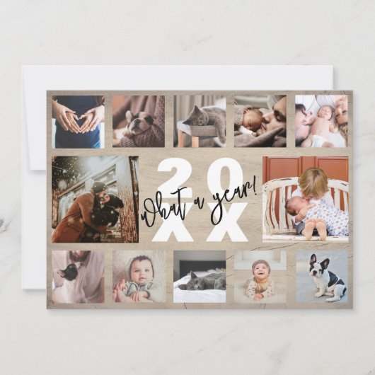 12 Foto Collage Jaaroverzicht Rustic Grenen Hout Feestdagenkaart (Voorkant)