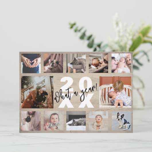 12 Foto Collage Jaaroverzicht Rustic Grenen Hout Feestdagenkaart (Staand voorkant)