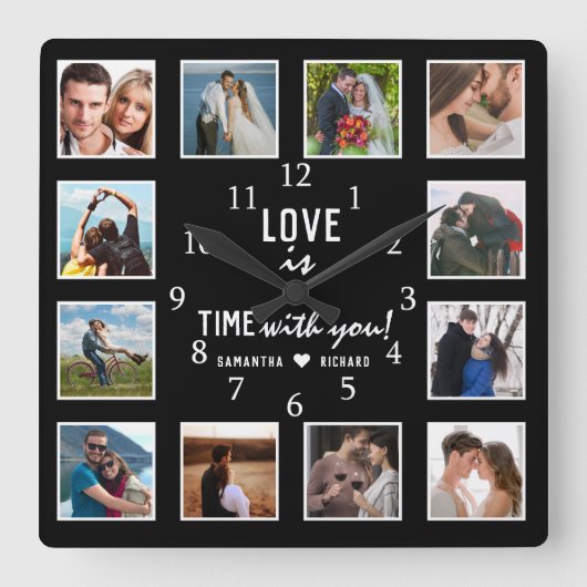 12 Foto Collage Love Quote Wedding Jubileum Vierkante Klok (Voorkant)