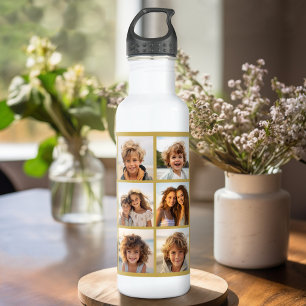 12 foto collage met gouden achtergrond waterfles
