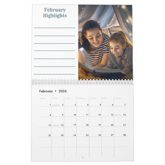 12 Foto collage met maandelijkse notities en foto' Kalender (Feb 2026)