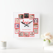 12 Foto Collage Persoonlijk Rood Vierkante Klok (Huis)