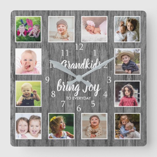 12 Foto Collage Rustic Gray Wood Grandchildren Quo Vierkante Klok (Voorkant)