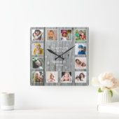 12 Foto Collage Samen Familie Citaat Gray Wood Vierkante Klok (Huis)