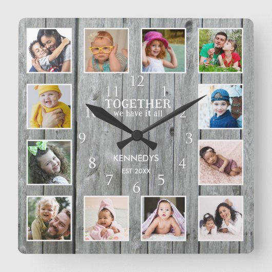 12 Foto Collage Samen Familie Citaat Gray Wood Vierkante Klok (Voorkant)