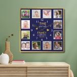 12 foto collage tijd met familie citaat blauw goud vierkante klok<br><div class="desc">De fotoklok van de douane met het inspirerende familiekertje citeert "de tijd die met familie wordt doorgebracht is elke seconde waard". Geef twaalf van je favoriete familiefoto's een persoonlijk tintje.</div>
