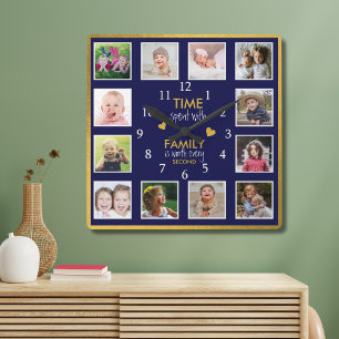12 foto collage tijd met familie citaat blauw goud vierkante klok