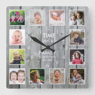 12 Foto Collage Tijd Met Familie Citaat Grijs Hout Vierkante Klok