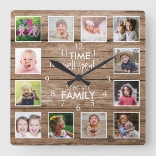 12 Foto Collage Tijd Met Familie Citaat Hout Vierkante Klok