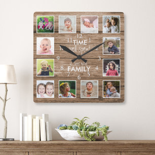 12 Foto Collage Tijd Met Familie Citaat Hout Vierkante Klok