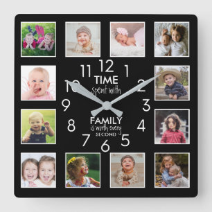 12 Foto Collage Tijd Met Familie Citaat Zwart Vierkante Klok