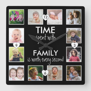 12 foto collage Tijd Met Familie Quote Zwart   Vierkante Klok