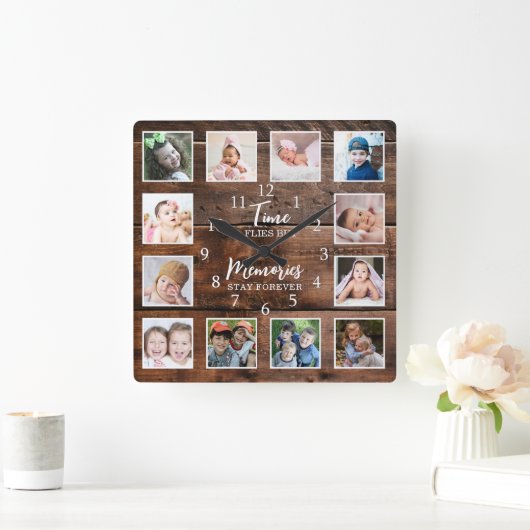 12 Foto Collage Time Herinneringen Quote Dark Wood Vierkante Klok (Huis)